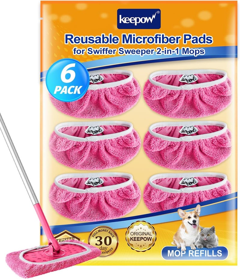 KEEPOW 6 Pack Reusable Mop Pads Compatible with Swiffer Sweeper, Coral Fleece Washable Swiffer Mop Pads, Dry & Wet Sweeping Mopping Cloths (Pink, Not Included Mop) - Image 1